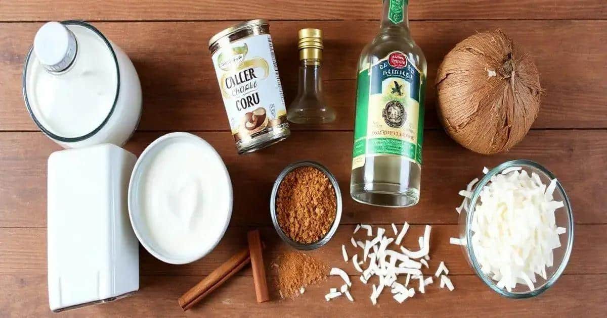 Recipe Ingredients for Coquito with Coconut Shavings and Cinnamon